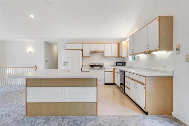 205 Park Shores Cir, Moneta, VA 24121 - kitchen with white appliances, under cabinet range hood, light countertops, a center island, and light colored carpet