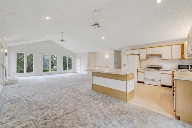 205 Park Shores Cir, Moneta, VA 24121 - kitchen with white appliances, ceiling fan, vaulted ceiling, under cabinet range hood, and a textured ceiling