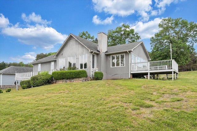 205 Park Shores Cir, Moneta, VA 24121 - back of house with a wooden deck, a lawn, and a chimney