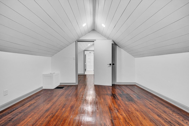 bonus room featuring vaulted ceiling, dark wood finished floors, baseboards, recessed lighting, and wood ceiling