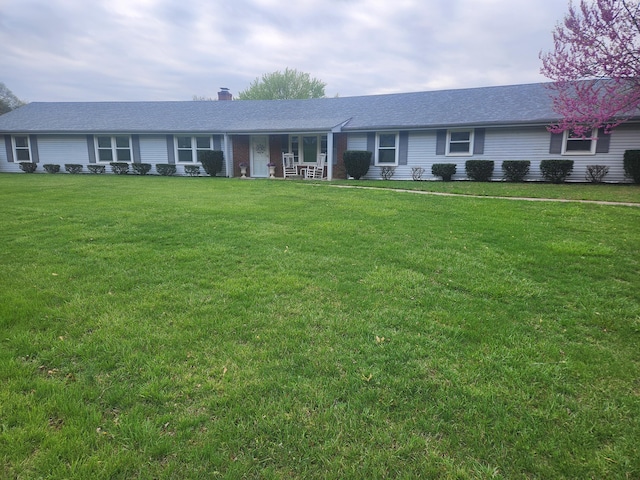215 Overlook Rd, Vinton, VA 24179 - ranch-style house with a front yard, a chimney, covered porch, and a shingled roof