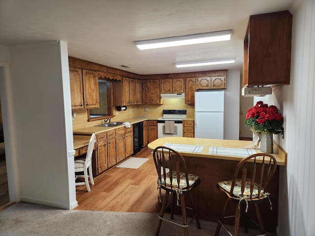 215 Overlook Rd, Vinton, VA 24179 - kitchen featuring white appliances, under cabinet range hood, a sink, a peninsula, and light countertops