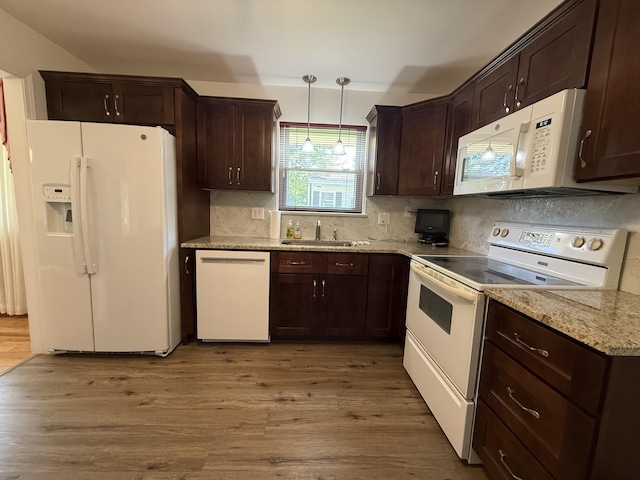 5265 Wipledale Ave, Roanoke, VA 24019 - kitchen featuring white appliances, a sink, dark brown cabinets, and wood finished floors