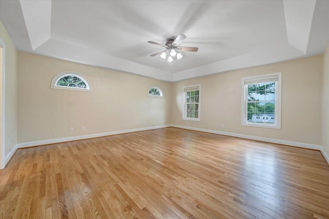 spare room featuring a raised ceiling, a ceiling fan, light wood-style flooring, and healthy amount of natural light