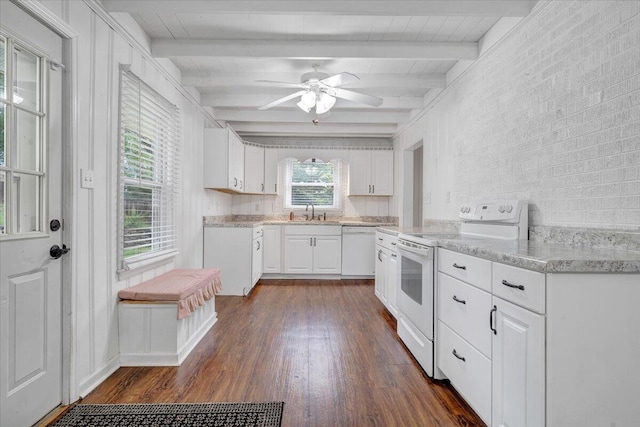 8209 Webster Dr, Roanoke, VA 24019 - kitchen with white appliances, dark wood finished floors, beam ceiling, white cabinets, and a sink