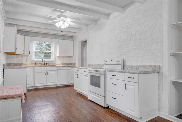 8209 Webster Dr, Roanoke, VA 24019 - kitchen with white appliances, a sink, beamed ceiling, and white cabinetry