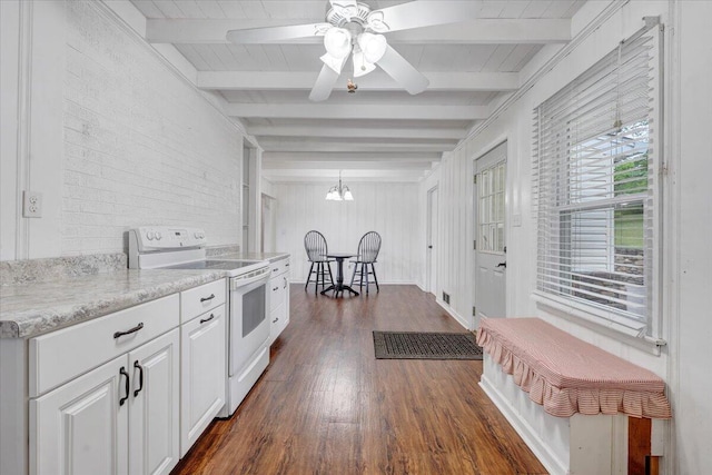 8209 Webster Dr, Roanoke, VA 24019 - kitchen featuring white range with electric stovetop, dark wood-type flooring, beamed ceiling, white cabinets, and ceiling fan