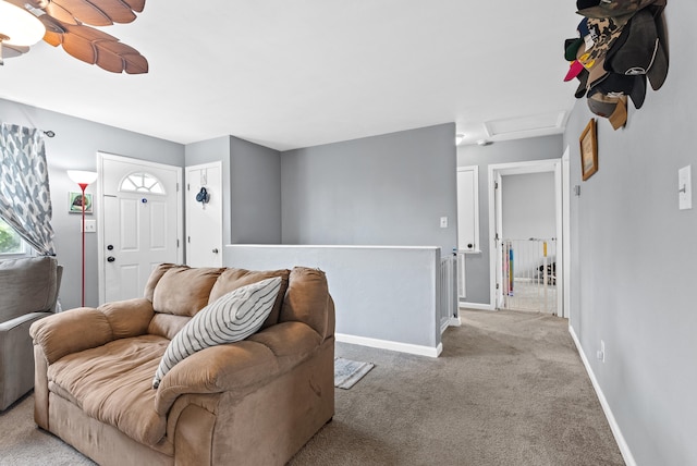 8574 Brubaker Dr, Roanoke, VA 24019 - carpeted living room with attic access, baseboards, and ceiling fan