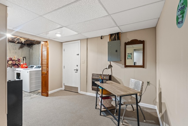 8574 Brubaker Dr, Roanoke, VA 24019 - dining room featuring electric panel, heating unit, carpet floors, washing machine and clothes dryer, and baseboards
