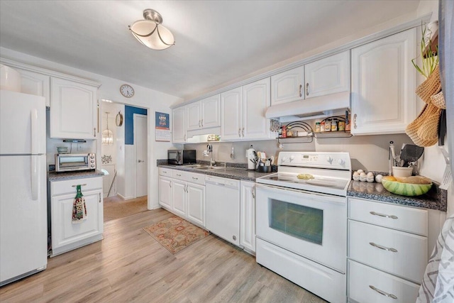 919 Halifax Cir, Vinton, VA 24179 - kitchen with white appliances, dark countertops, white cabinetry, and light wood finished floors