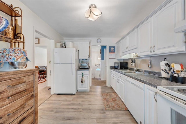 919 Halifax Cir, Vinton, VA 24179 - kitchen with white appliances, a sink, white cabinetry, light wood finished floors, and dark countertops