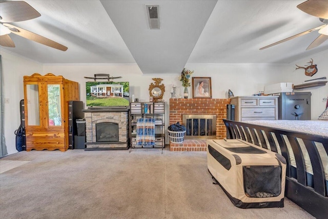 919 Halifax Cir, Vinton, VA 24179 - carpeted bedroom with a fireplace and crown molding