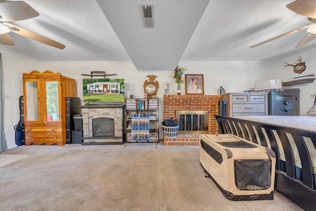 919 Halifax Cir, Vinton, VA 24179 - carpeted bedroom featuring a brick fireplace and crown molding