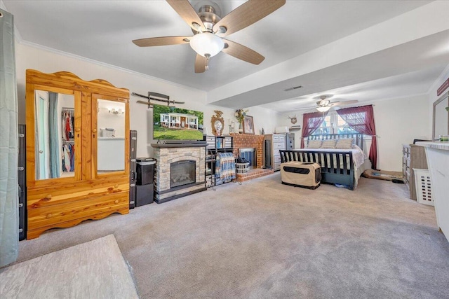 919 Halifax Cir, Vinton, VA 24179 - living room with a brick fireplace, carpet flooring, crown molding, and ceiling fan