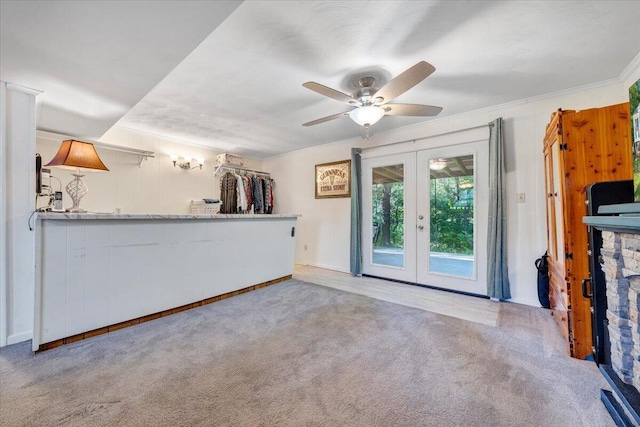 919 Halifax Cir, Vinton, VA 24179 - unfurnished living room with french doors, carpet flooring, a ceiling fan, baseboards, and ornamental molding