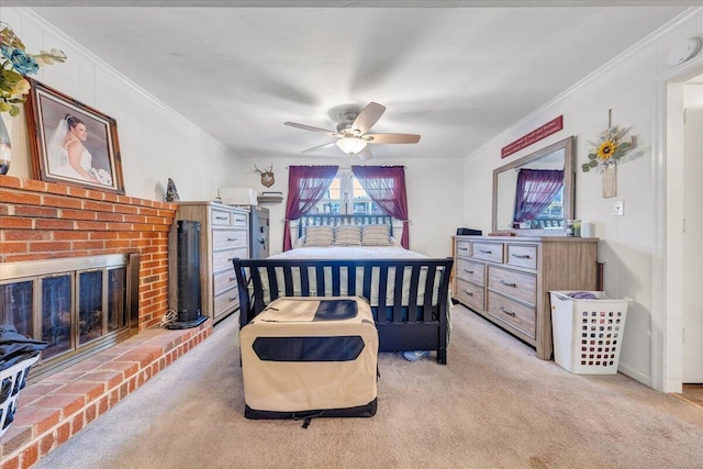 919 Halifax Cir, Vinton, VA 24179 - carpeted bedroom featuring ornamental molding, a ceiling fan, and a brick fireplace