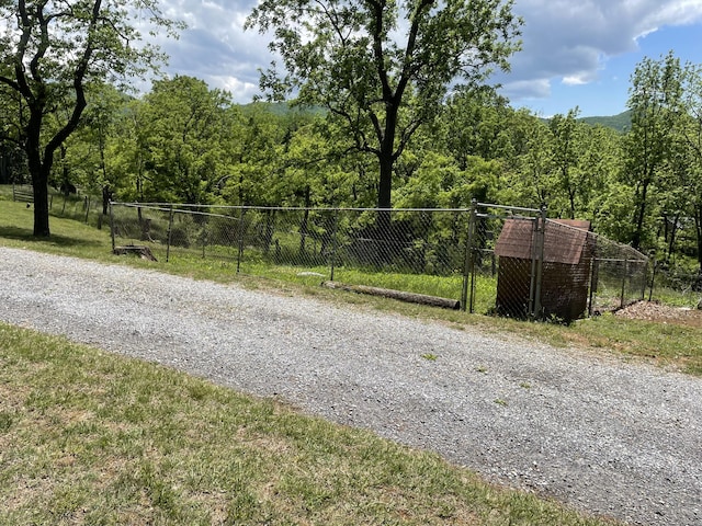 view of dirt / gravel road featuring a view of trees