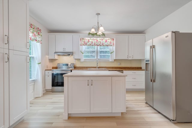 3759 Mill Iron Rd, Goodview, VA 24095 - kitchen featuring appliances with stainless steel finishes, a sink, under cabinet range hood, and light wood-type flooring
