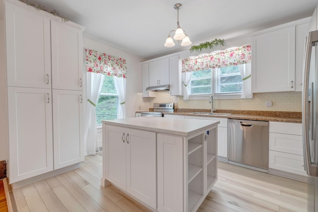 3759 Mill Iron Rd, Goodview, VA 24095 - kitchen featuring stainless steel appliances, a sink, under cabinet range hood, light wood-style floors, and plenty of natural light