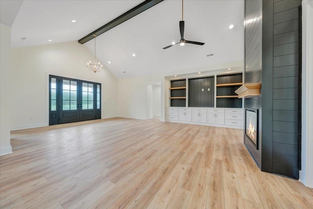 LOT243 Flagstick Ct, Penhook, VA 24137 - unfurnished living room featuring a fireplace, beam ceiling, light wood-type flooring, high vaulted ceiling, and ceiling fan
