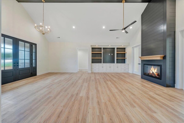 LOT243 Flagstick Ct, Penhook, VA 24137 - unfurnished living room with high vaulted ceiling, french doors, ceiling fan, a fireplace, and light wood-type flooring