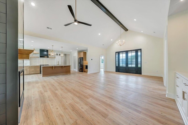 LOT243 Flagstick Ct, Penhook, VA 24137 - unfurnished living room featuring a ceiling fan, beam ceiling, light wood finished floors, high vaulted ceiling, and baseboards