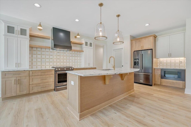 LOT243 Flagstick Ct, Penhook, VA 24137 - kitchen featuring appliances with stainless steel finishes, a sink, open shelves, custom exhaust hood, and tasteful backsplash