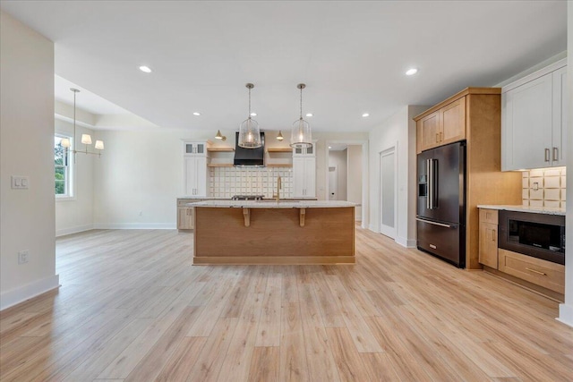 LOT243 Flagstick Ct, Penhook, VA 24137 - kitchen with high end refrigerator, black microwave, open shelves, backsplash, and light wood finished floors