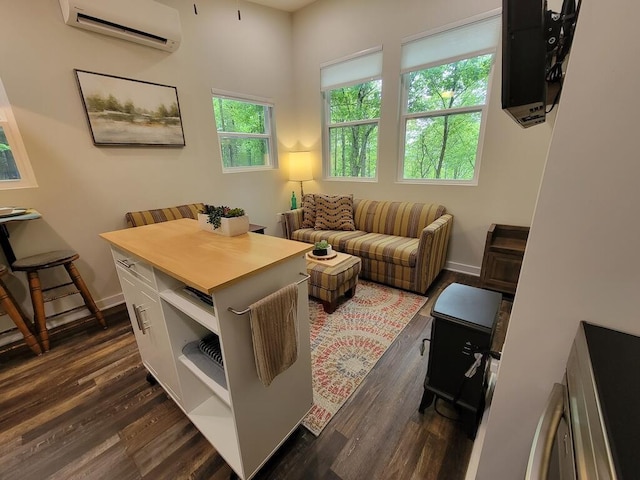 3119 Buffalo Mountain Rd SW, Willis, VA 24380 - living room with an AC wall unit, dark wood-style floors, and baseboards