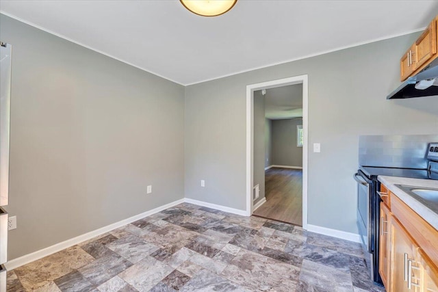 1104 Dolly Ann Dr, Covington, VA 24426 - kitchen with ornamental molding, stainless steel electric stove, light stone finish flooring, baseboards, and under cabinet range hood
