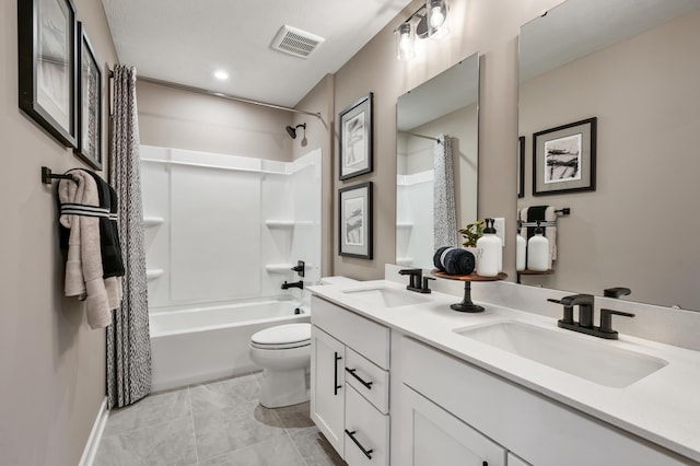 full bath featuring toilet, double vanity, shower / tub combo, and recessed lighting