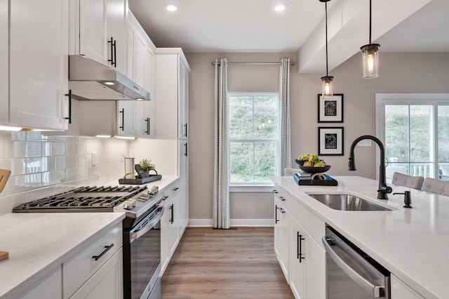 kitchen featuring appliances with stainless steel finishes, under cabinet range hood, a sink, baseboards, and light wood finished floors