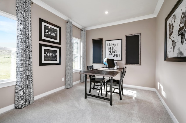 carpeted office featuring ornamental molding and baseboards