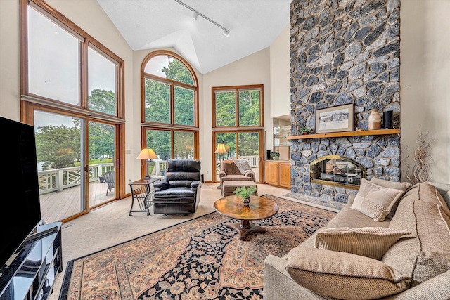 217 Anthony Home Rd, Huddleston, VA 24104 - living room with carpet flooring, rail lighting, a stone fireplace, and high vaulted ceiling