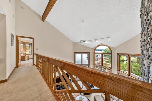 217 Anthony Home Rd, Huddleston, VA 24104 - corridor featuring light carpet, an upstairs landing, baseboards, high vaulted ceiling, and a textured ceiling