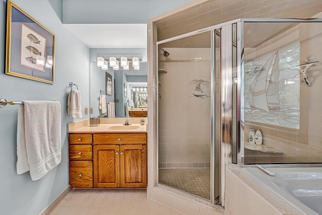 217 Anthony Home Rd, Huddleston, VA 24104 - bathroom with tile patterned floors, a shower stall, a bath, and vanity