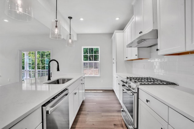 7036 Fairway Ridge Rd, Salem, VA 24153 - kitchen featuring stainless steel appliances, a sink, under cabinet range hood, tasteful backsplash, and white cabinets
