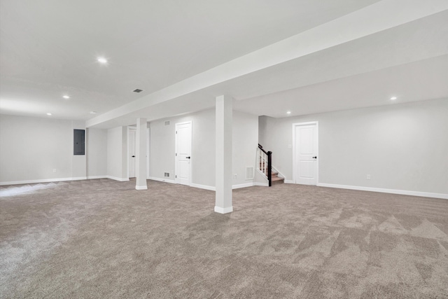 7036 Fairway Ridge Rd, Salem, VA 24153 - finished below grade area with carpet floors, recessed lighting, stairs, baseboards, and electric panel