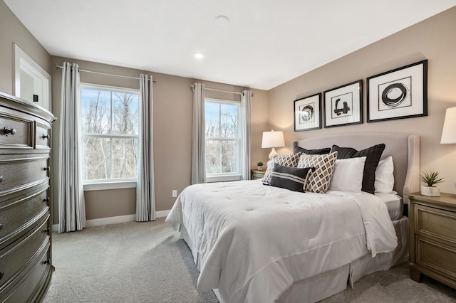 bedroom featuring baseboards, carpet flooring, and recessed lighting