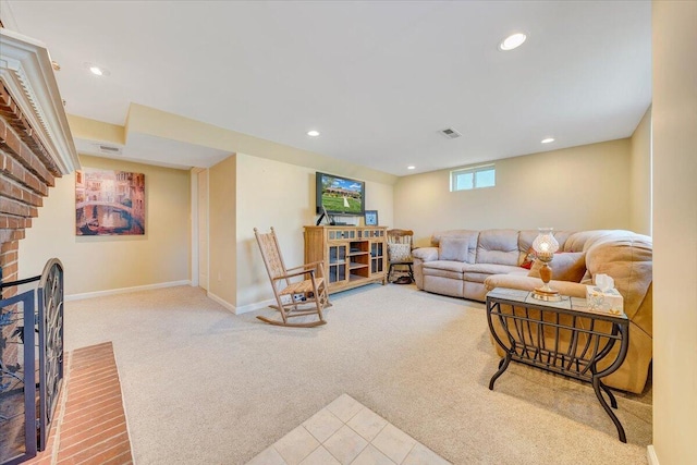 living room featuring carpet flooring, recessed lighting, and baseboards