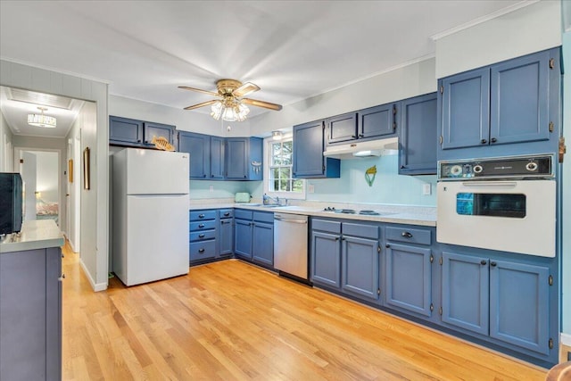 3003 Northridge Rd, Hardy, VA 24101 - kitchen with white appliances, blue cabinetry, light countertops, ornamental molding, and light wood finished floors