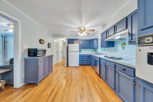 3003 Northridge Rd, Hardy, VA 24101 - kitchen featuring stainless steel appliances, ceiling fan, crown molding, under cabinet range hood, and light wood-type flooring