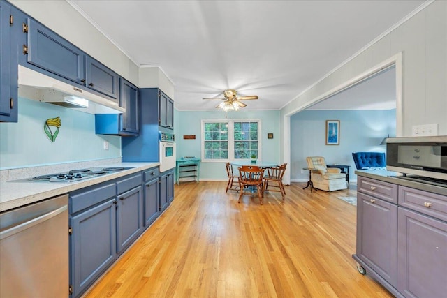 3003 Northridge Rd, Hardy, VA 24101 - kitchen with stainless steel appliances, blue cabinetry, light wood-style floors, light countertops, and a ceiling fan