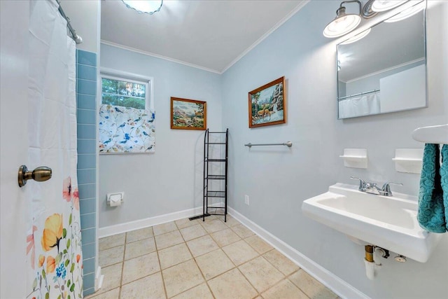 3003 Northridge Rd, Hardy, VA 24101 - full bathroom with ornamental molding, tile patterned floors, baseboards, a shower with curtain, and a sink