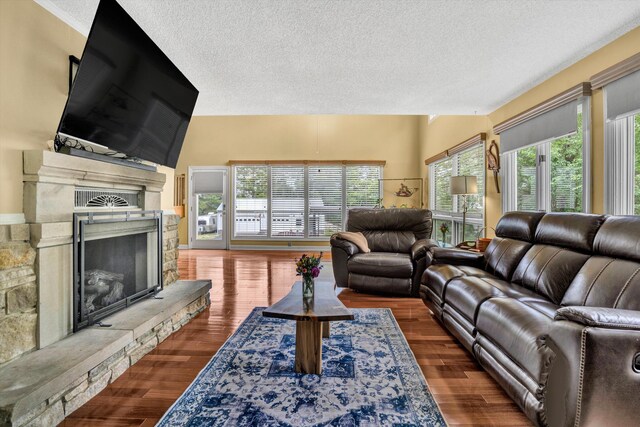 145 W Arrowhead Ct, Troutville, VA 24175 - living area with a textured ceiling, a fireplace, and wood finished floors