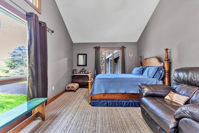 145 W Arrowhead Ct, Troutville, VA 24175 - bedroom with baseboards, access to exterior, and high vaulted ceiling
