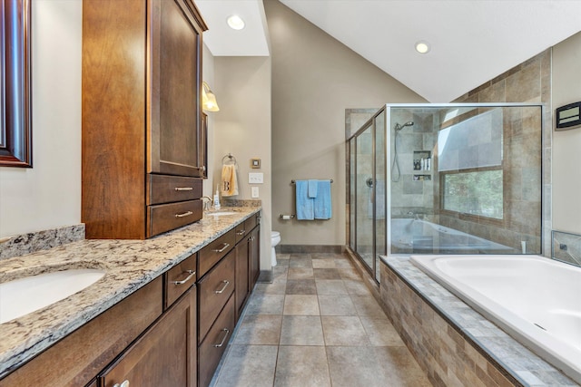 145 W Arrowhead Ct, Troutville, VA 24175 - full bath with double vanity, a bath, toilet, a shower stall, and lofted ceiling