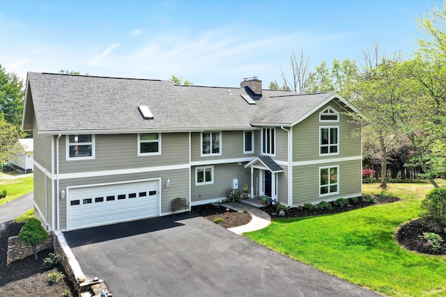 145 W Arrowhead Ct, Troutville, VA 24175 - view of front of property featuring a chimney, a garage, asphalt driveway, a front lawn, and a shingled roof