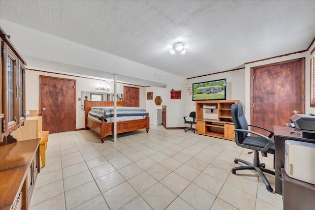 1793 Sandy Level Rd, Goodview, VA 24095 - bedroom with an office area, lofted ceiling, light tile patterned floors, a textured ceiling, and baseboards