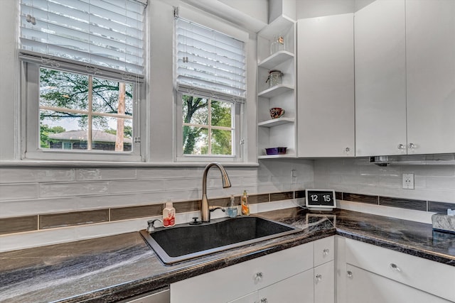 2102 Berkley Ave SW, Roanoke, VA 24015 - kitchen featuring a sink, white cabinets, decorative backsplash, and open shelves